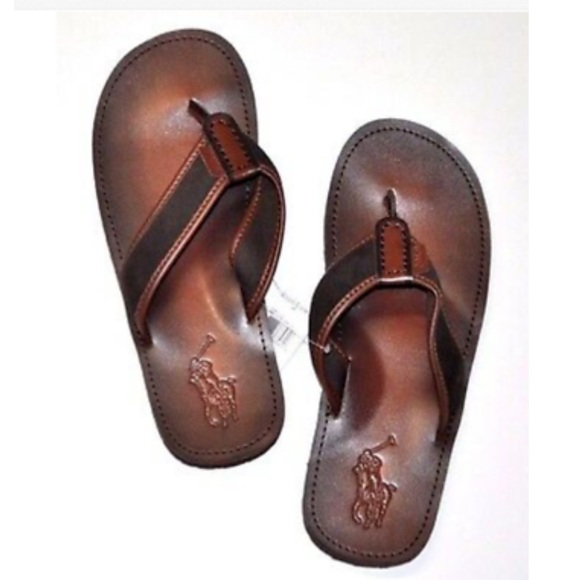 POLO RALPH LAUREN MEN'S BROWN LEATHER FLIP FLOP - Picture 9 of 9